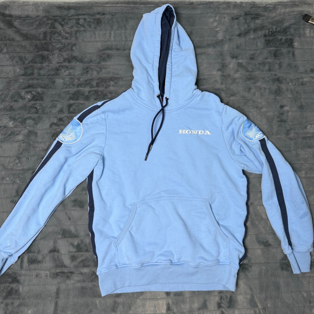 Honda Vintage Culture Hoodie Mens Medium Blue Embroidered Racing Pullover Stripe